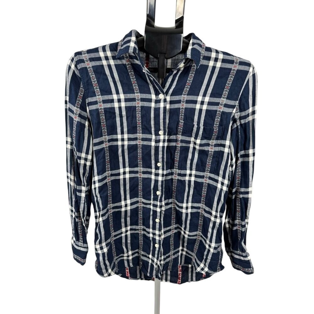 Aeropostale Plaid Button Down Shirt‎ XS Navy Blue White Lightweight Cotton Blend